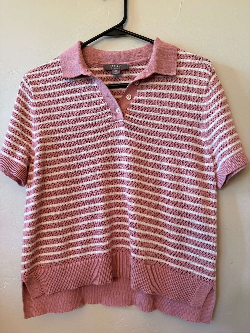 AE77 American Eagle Shrunken Polo Sweater Pink White Striped Open Knit Size [M]